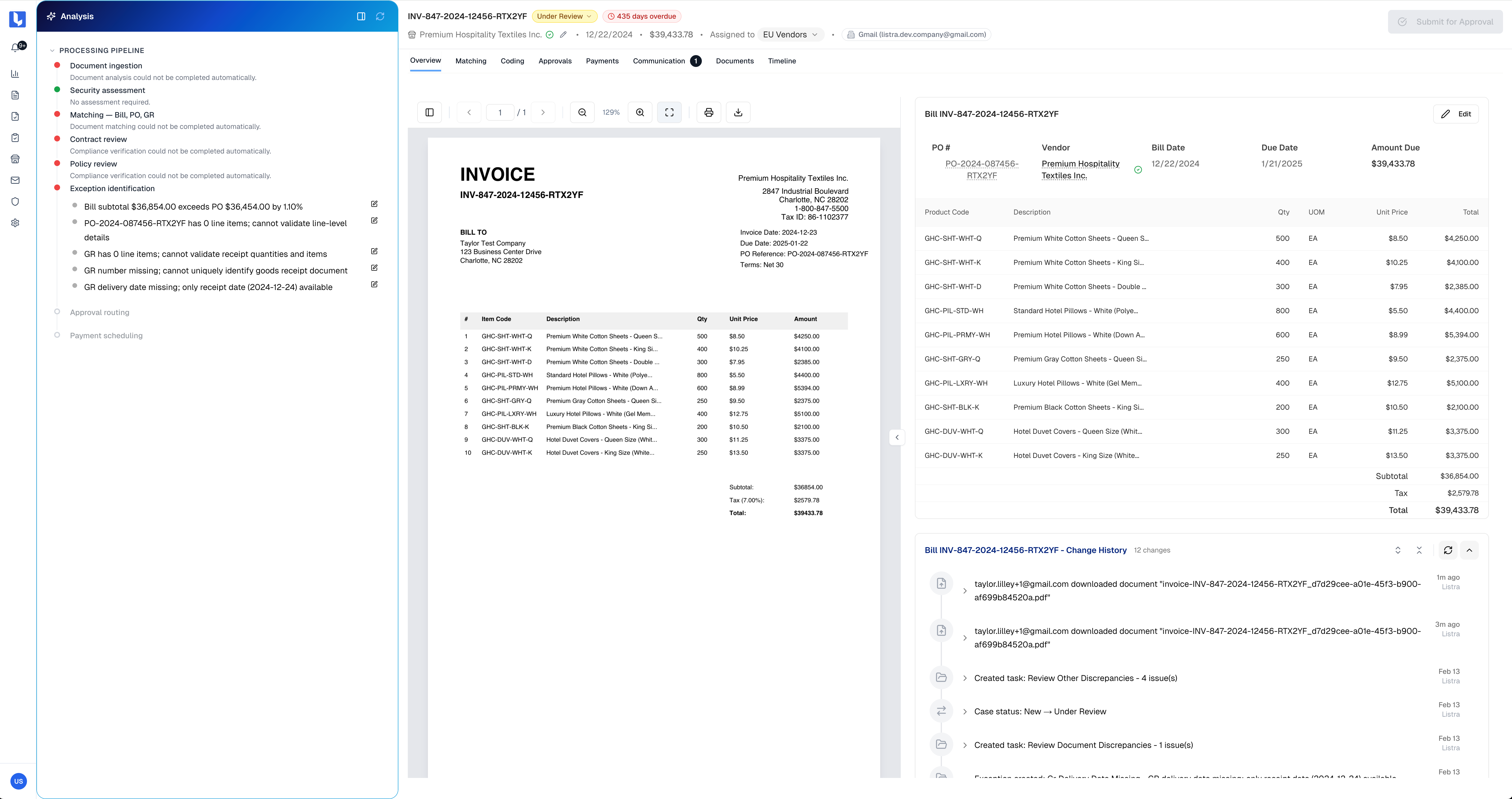 Listra.ai case details view showing invoice processing with AI-powered matching